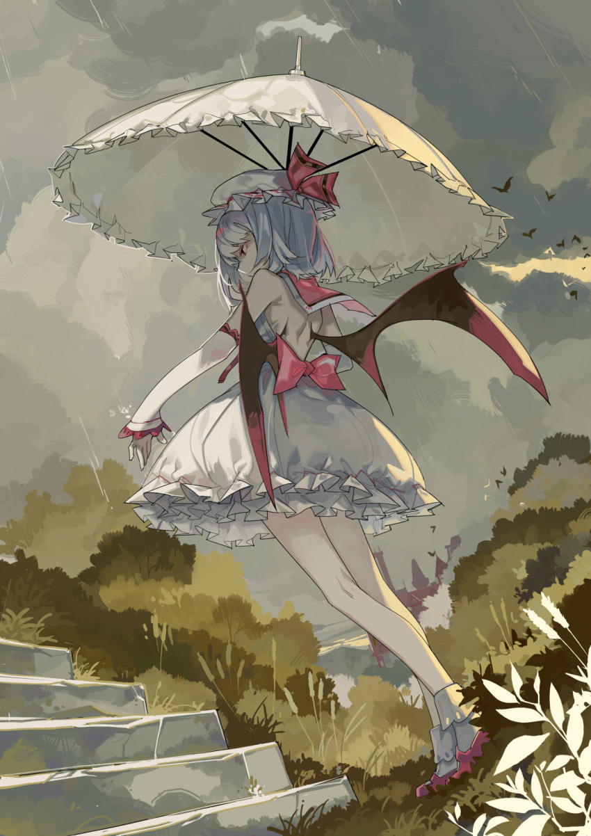 azling bat_wings blue_hair bow bush cattail cloud commentary_request detached_sleeves dress frilled_dress frilled_umbrella frills from_behind hat hat_ribbon highres looking_down mob_cap outstretched_arm plant rain red_ribbon remilia_scarlet ribbon scarlet_devil_mansion shoes short_hair solo stairs touhou umbrella wings