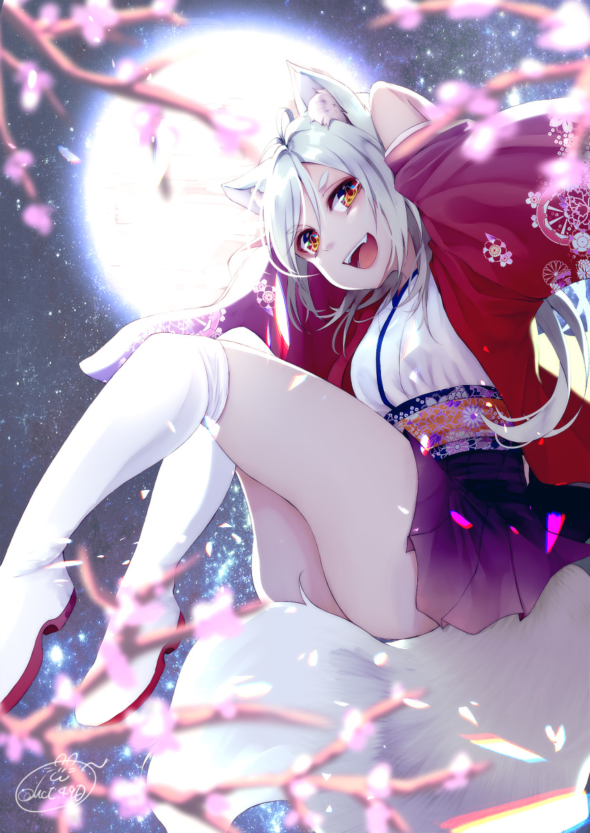 :d animal_ear_fluff animal_ears antenna_hair ass bangs black_skirt blurry blurry_foreground boots breasts chita_(ketchup) commentary_request depth_of_field eyebrows_visible_through_hair fangs floral_print fox_ears fox_girl fox_tail full_moon glowing hair_between_eyes haori highres japanese_clothes kimono long_hair long_sleeves looking_at_viewer medium_breasts moon night night_sky obi open_mouth original pleated_skirt print_obi red_eyes sash short_kimono signature silver_hair skirt sky smile solo tail thick_eyebrows thigh_boots thighhighs very_long_hair white_footwear white_kimono white_legwear wide_sleeves