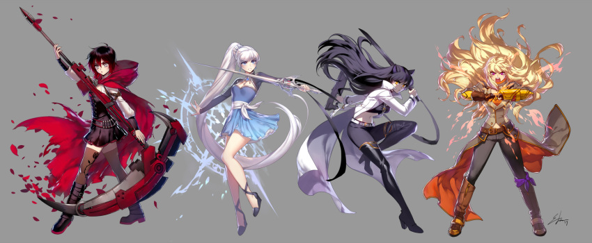animal_ears black_hair blake_belladonna blonde_hair blue_eyes boots cape cat_ears corset crescent_rose cross-laced_footwear dress ein_lee ember_celica_(rwby) fist_bump frilled_dress frills full_body gambol_shroud gradient_hair highres holding holding_sword holding_weapon katana lace-up_boots left-handed long_hair long_sleeves multicolored_hair multiple_girls myrtenaster official_art outstretched_arms ponytail prosthesis prosthetic_arm puffy_short_sleeves puffy_sleeves purple_eyes rapier red_cape red_eyes red_hair ribbon ruby_rose rwby scar scar_across_eye scythe short_hair short_sleeves side_ponytail silver_eyes standing standing_on_one_leg sword thighhighs two-handed two-tone_hair wavy_hair weapon weiss_schnee white_hair yang_xiao_long yellow_eyes
