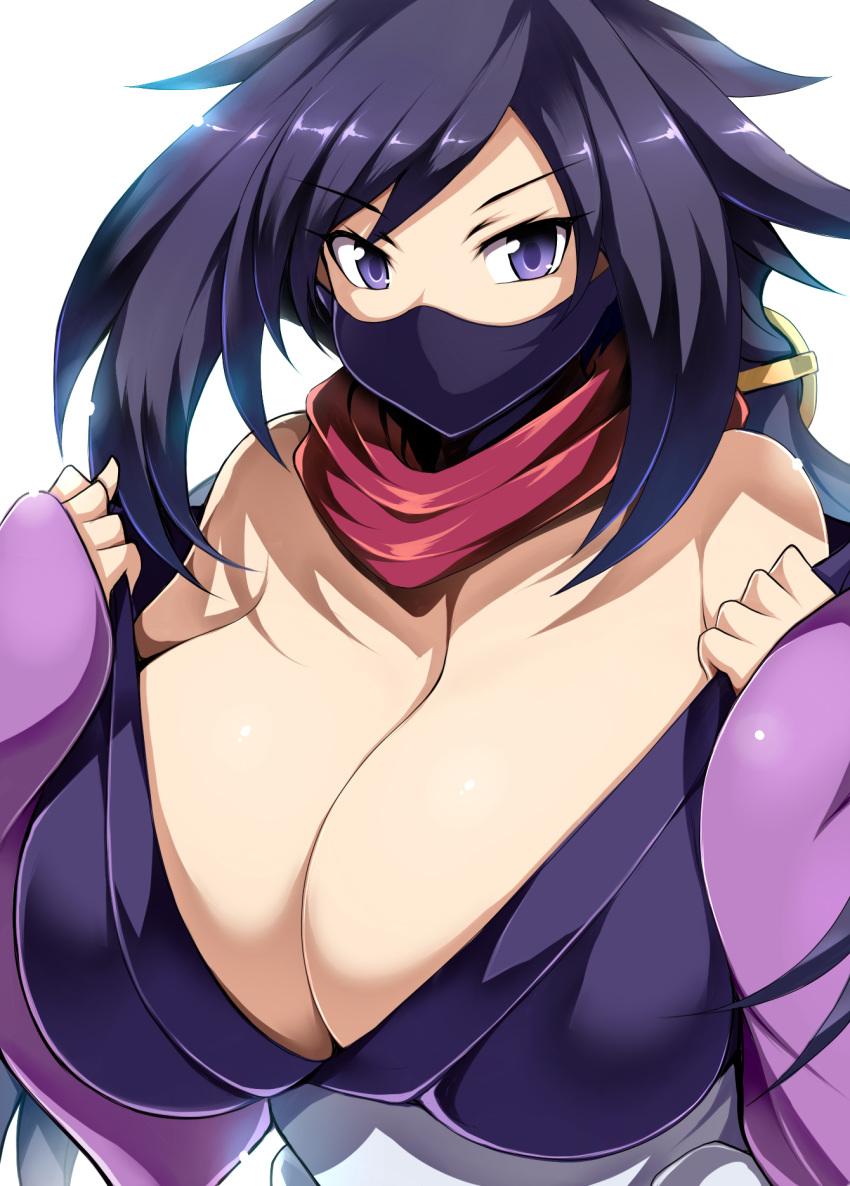 ayame_(gundam_build_divers) bare_shoulders black_hair breasts cleavage commentary_request face_mask gundam gundam_build_divers highres huge_breasts japanese_clothes kimono long_hair looking_at_viewer low_ponytail mask ninja ninja_mask off_shoulder ponytail purple_eyes scarf shiny shiny_hair shiny_skin short_kimono simple_background solo tsukasawa_takamatsu upper_body white_background