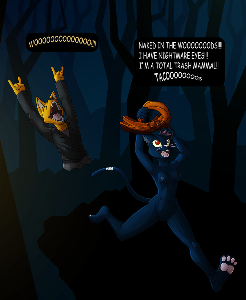 0 anthro bandage breasts canine cat clothed clothing dialogue duo english_text feline female forest fox fully_clothed gregg_(nitw) jacket jeans leather leather_jacket lord-kiyo mae_(nitw) male mammal night_in_the_woods nipples notched_ear nude null_symbol pants pawpads pussy red_eyes red_irises sharp_teeth shirt streaking teeth text toes tongue tree