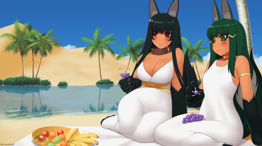 :t animal_ears anubis_(monster_girl_encyclopedia) armband banana belt_collar black_hair blue_sky blush bowl breasts claws cleavage commission desert dress drink eating egyptian_clothes eyebrows_visible_through_hair food fruit grapes green_eyes green_hair hair_ornament hairclip highres jewelry kuroonehalf lake large_breasts long_hair monster_girl monster_girl_encyclopedia multiple_girls oasis outdoors palm_tree paws red_eyes reflection sand signature sitting sky small_breasts smile tail towel tree white_dress wolf_ears wolf_tail
