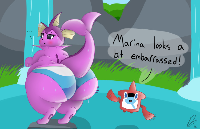 ... 2018 anthro anthrofied belly big_belly big_butt big_thighs biped black_sclera blush butt clothing digital_media_(artwork) digitigrade dullpoint duo eeveelution english_text female hi_res huge_butt huge_hips looking_at_viewer looking_back mammal marina_(dullpoint) motion_lines nintendo obese open_mouth outside overweight overweight_female pok&eacute;mon pok&eacute;mon_(species) rear_view rotom standing sweat text thick_thighs vaporeon video_games water wet white_eyes wide_hips