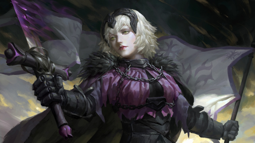 armor bangs black_cape breastplate buchuo_liu cape chain closed_mouth commentary_request fate/grand_order fate_(series) flag fur-trimmed_cape fur_trim gauntlets gorget highres holding holding_flag holding_sword holding_weapon jeanne_d'arc_(alter)_(fate) jeanne_d'arc_(fate)_(all) looking_away pale_skin red_lips short_hair silver_hair solo sword tiara upper_body weapon yellow_eyes