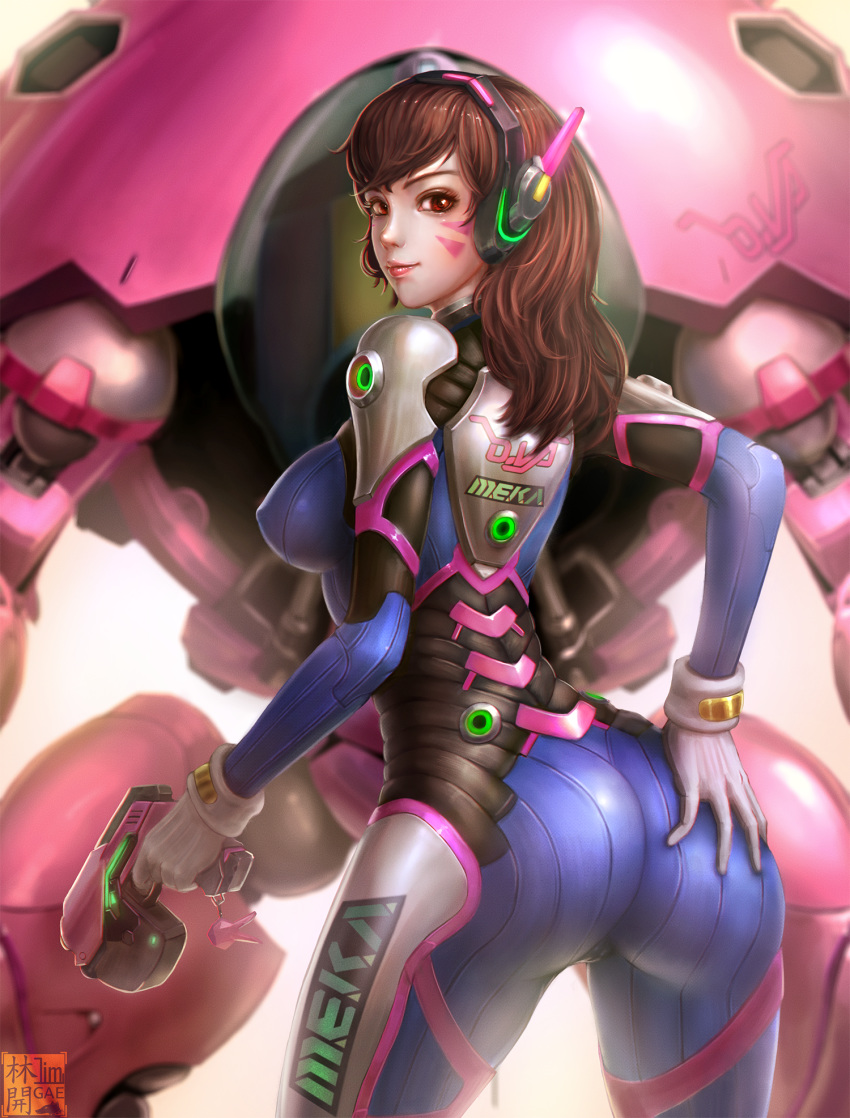 acronym artist_name ass bangs bodysuit boots bracer breasts brown_eyes brown_hair cameltoe character_name charm_(object) closed_mouth commentary covered_nipples cowboy_shot d.va_(overwatch) facepaint facial_mark finger_on_trigger from_behind gloves gun hand_on_own_ass handgun headphones highres holding holding_gun holding_weapon large_breasts legs_apart limgae lips lipstick long_hair long_sleeves looking_at_viewer looking_back makeup mecha meka_(overwatch) overwatch pauldrons pilot_suit pink_lipstick plugsuit ribbed_bodysuit shiny shiny_clothes shoulder_pads skin_tight smile solo thigh_boots thigh_strap thighhighs turtleneck weapon whisker_markings white_footwear white_gloves
