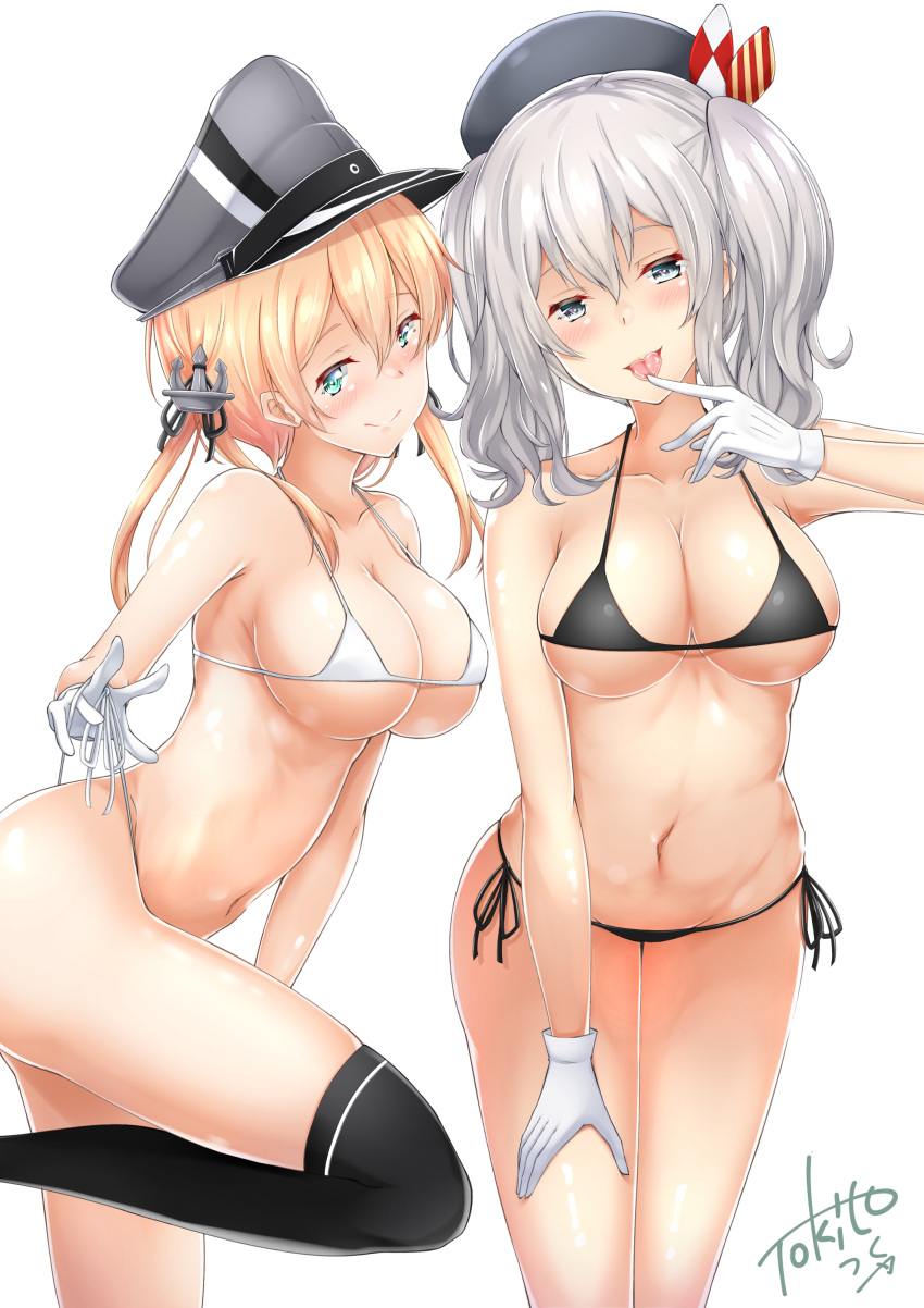 absurdres anchor_hair_ornament aqua_eyes beret black_bra black_legwear black_panties blonde_hair blue_eyes bra breasts gloves hair_ornament hat highres kantai_collection kashima_(kantai_collection) large_breasts looking_at_viewer low_twintails multiple_girls panties peaked_cap prinz_eugen_(kantai_collection) side-tie_panties sidelocks silver_hair simple_background standing standing_on_one_leg thighhighs tokito_yu tongue tongue_out twintails underwear wavy_hair white_background white_bra white_gloves white_panties