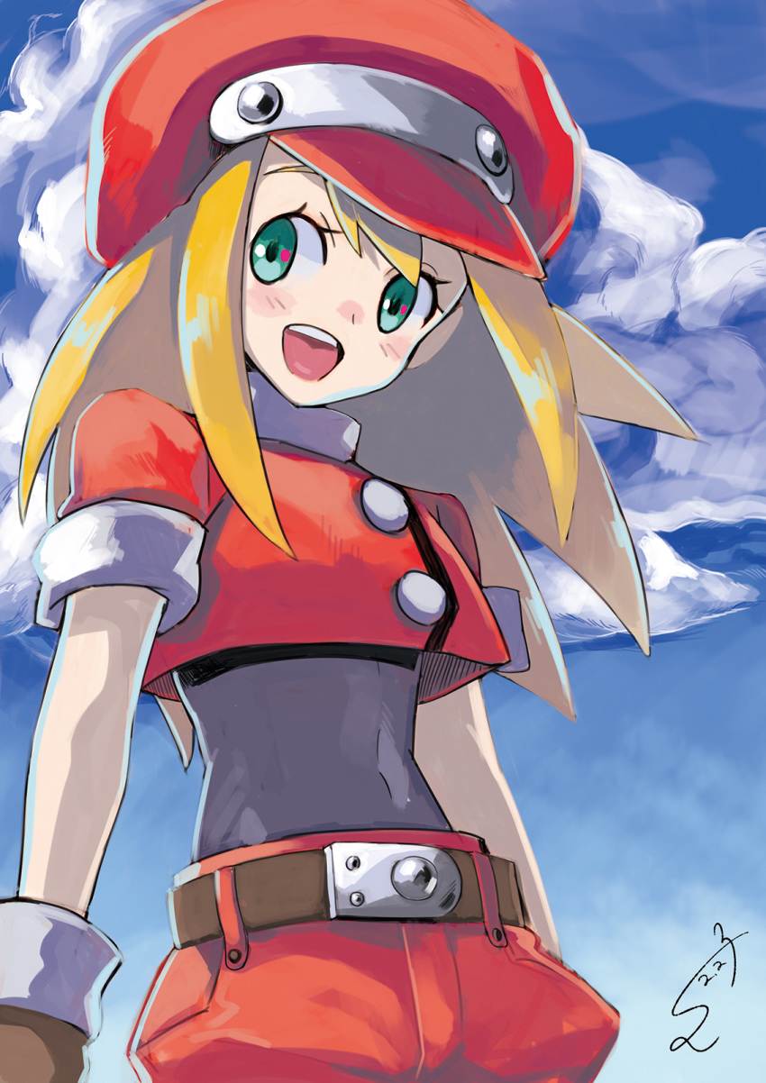 bangs belt belt_buckle blonde_hair blush bodysuit brown_gloves buckle buttons cabbie_hat cloud covered_navel cowboy_shot dated day gloves green_eyes hat highres long_hair looking_to_the_side open_mouth red_hat rockman rockman_dash roll_caskett short_sleeves shorts sidelocks signature sky smile solo spiked_hair sumomo teeth undershirt