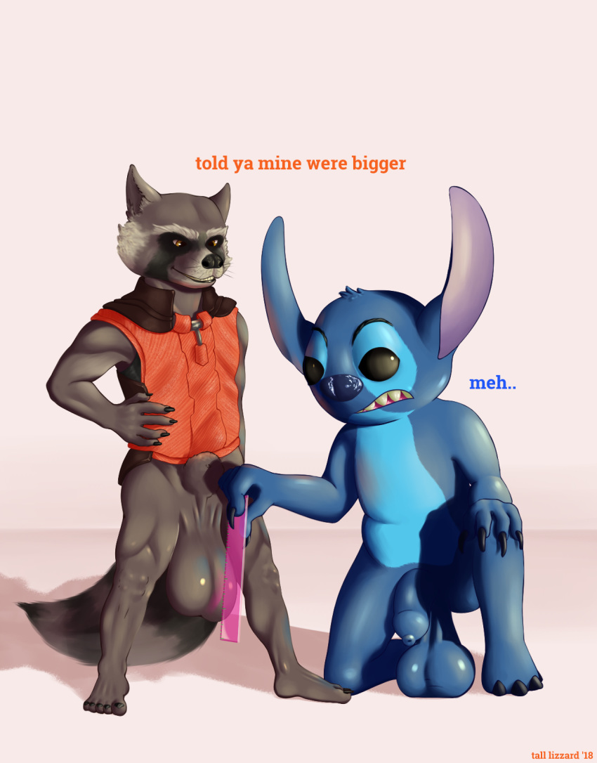 2018 4_fingers alien anthro balls big_balls big_penis black_eyes blue_claws blue_fur blue_nose brown_fur claws clothed clothing digital_drawing_(artwork) digital_media_(artwork) disney duo experiment_(species) fur guardians_of_the_galaxy hi_res huge_balls humanoid_penis hyper hyper_balls lilo_and_stitch male male/male mammal marvel muscular nude open_mouth open_smile penis procyonid raccoon rocket_raccoon simple_background smile standing stitch tall_lizzard_(artist) toes uncut white_background