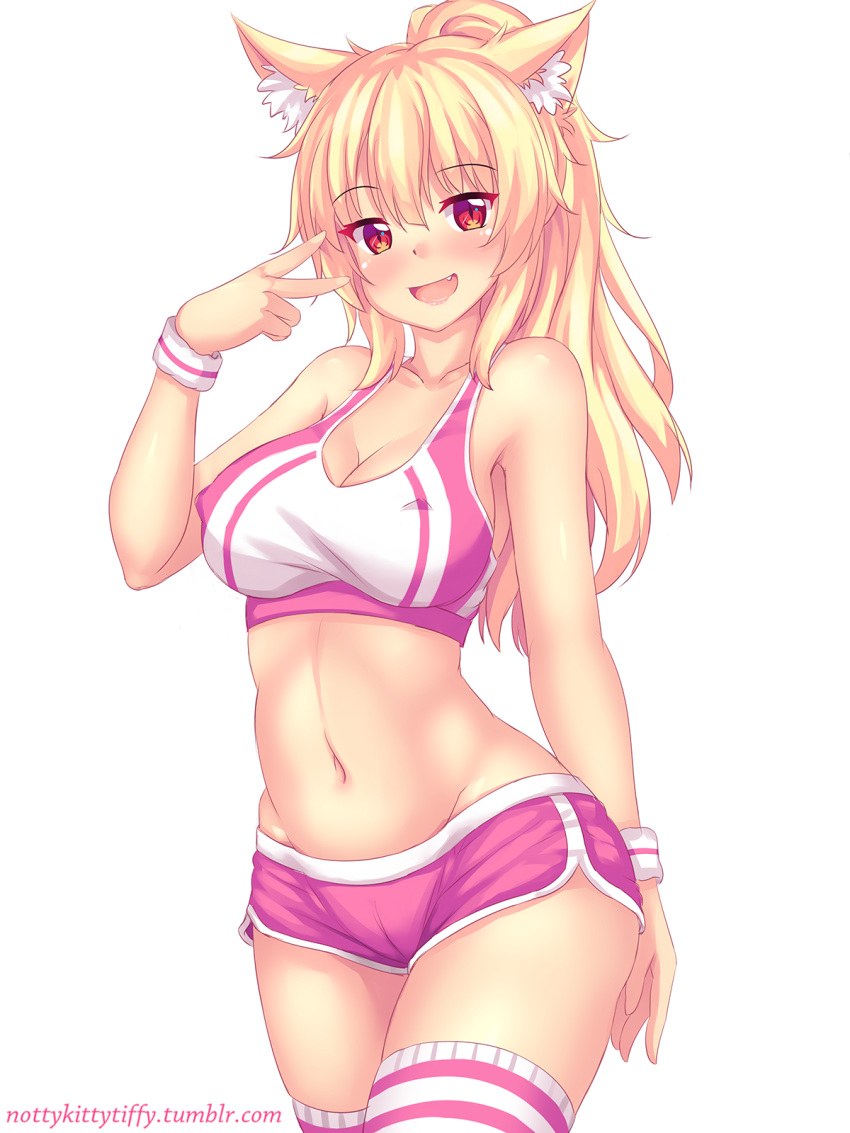 blonde_hair blush eyebrows_visible_through_hair fang fast-runner-2024 gym_shorts highres long_hair looking_at_viewer midriff navel open_mouth original ponytail red_eyes short_shorts shorts solo sports_bra striped striped_legwear sweatband tiffy v watermark web_address white_background wristband