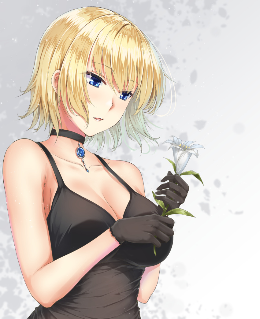 alternate_costume alternate_hair_length alternate_hairstyle bangs bare_arms bare_shoulders black_choker black_gloves black_tank_top blonde_hair blue_eyes breasts choker cleavage collarbone commentary_request eyebrows_visible_through_hair fate/apocrypha fate_(series) floating_hair flower gem gloves grey_background hair_between_eyes half-closed_eyes highres holding holding_flower jeanne_d'arc_(fate) jeanne_d'arc_(fate)_(all) large_breasts lily_(flower) looking_down parted_lips primamiya shiny shiny_hair short_hair sleeveless solo tank_top upper_body white_flower