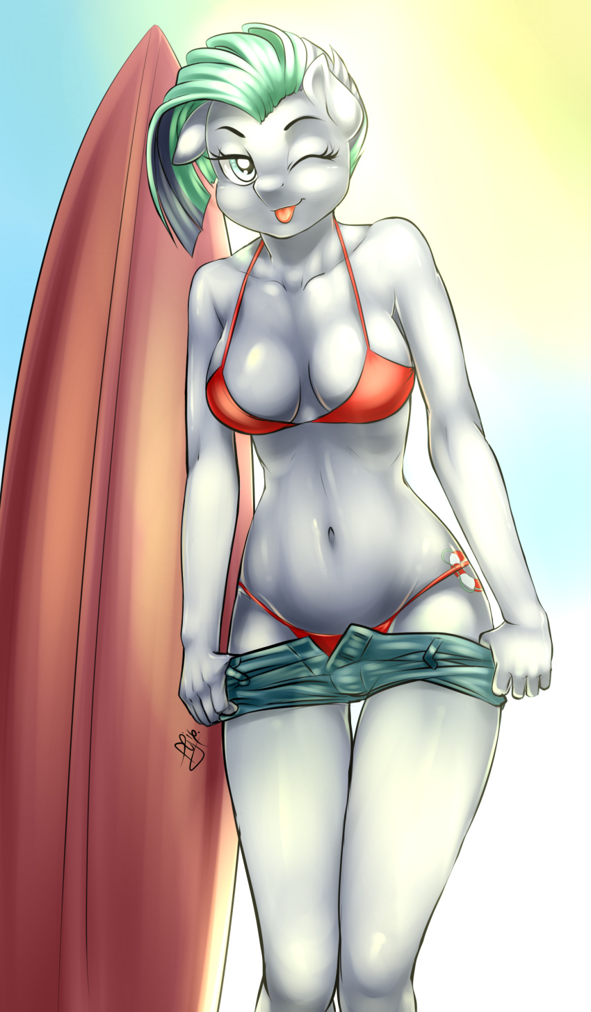 2016 anthro big_breasts bikini breasts cleavage clothed clothing cutie_mark digital_media_(artwork) earth_pony equine fan_character female hi_res horse mammal my_little_pony navel one_eye_closed pia-sama pony solo surfboard swimsuit tongue tongue_out