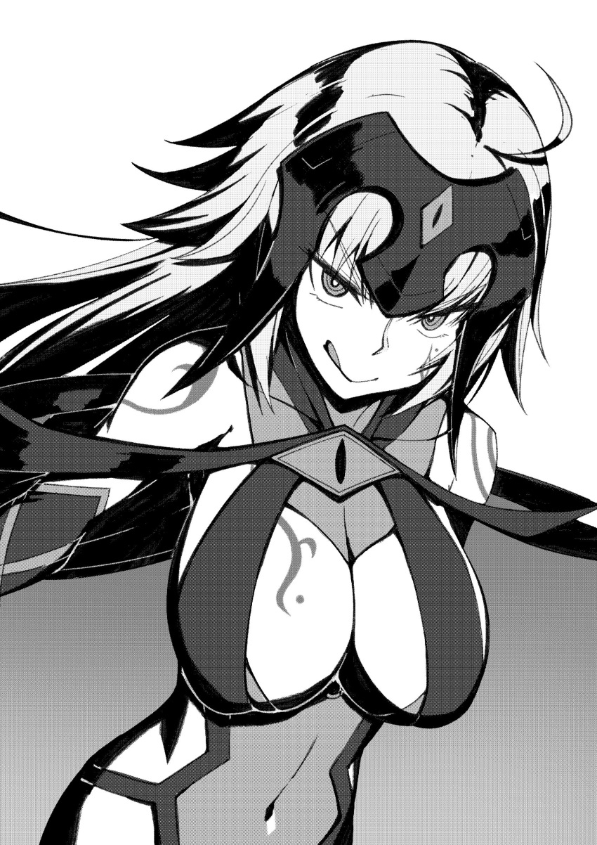 :q absurdres ahoge breasts cape closed_mouth commentary_request covered_navel fate/grand_order fate_(series) greyscale headpiece highres jeanne_d'arc_(alter)_(fate) jeanne_d'arc_(fate)_(all) large_breasts long_hair looking_at_viewer monochrome navel ringed_eyes sawawse simple_background smile solo tattoo tongue tongue_out upper_body v-shaped_eyebrows white_background