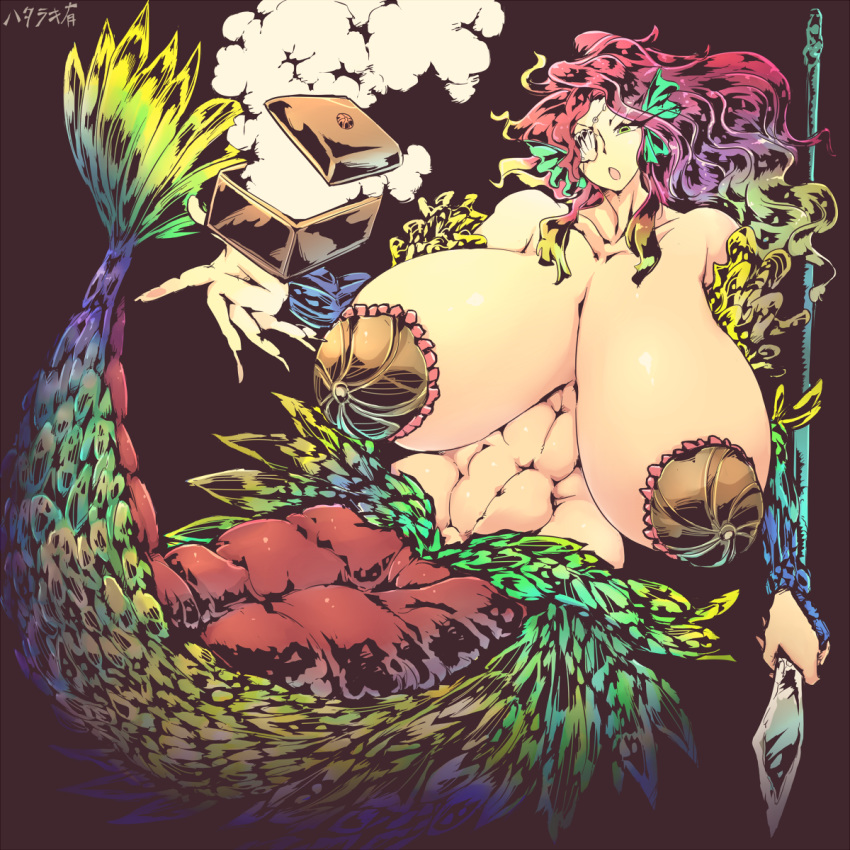 :o abs big_breasts blonde_hair blue_scales bra breasts claws clothing ear_fins female fin green_eyes green_hair green_scales hair hataraki_ari holding_object holding_weapon huge_breasts long_hair magenta_hair marine melee_weapon merfolk multicolored_hair multicolored_scales navel open_mouth polearm purple_hair scales signature smoke solo spear tail_fin underwear weapon