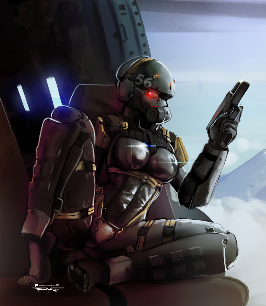 armor backpack body_writing breasts doll_joints featureless_breasts featureless_crotch female front_view glowing glowing_eyes gun handgun haven_trooper helmet hi_res humanoid konami machine metal_gear not_furry psyk323 ranged_weapon robot shiny sitting solo spread_legs spreading video_games weapon