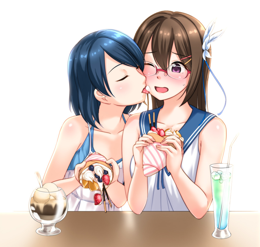 ;d black_hair blush brown_hair closed_eyes couple cream crepe d; face_licking food food_on_face fruit glasses hair_ornament highres jakelian licking long_hair multiple_girls one_eye_closed open_mouth original parfait pocky purple_eyes school_uniform serafuku short_hair simple_background smile strawberry tongue tongue_out white_background yuri