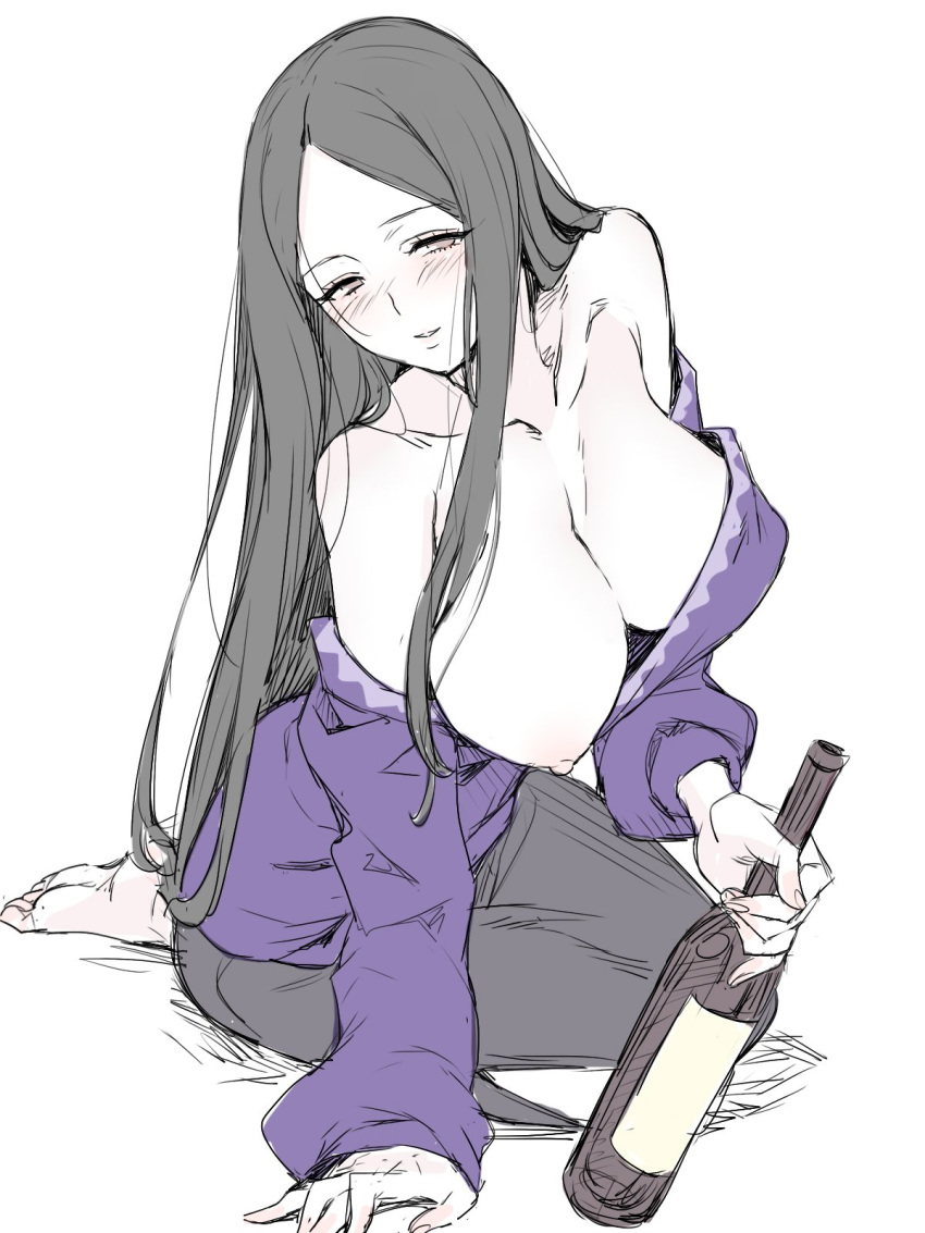 angelo_(gomahangetsu) arm_support bare_shoulders barefoot black_hair blush bottle breasts breasts_outside brown_eyes drunk feet highres hiiragi_shino holding holding_bottle idolmaster idolmaster_cinderella_girls kneeling large_breasts long_hair looking_at_viewer nipples purple_shirt shirt simple_background soles solo white_background wine_bottle