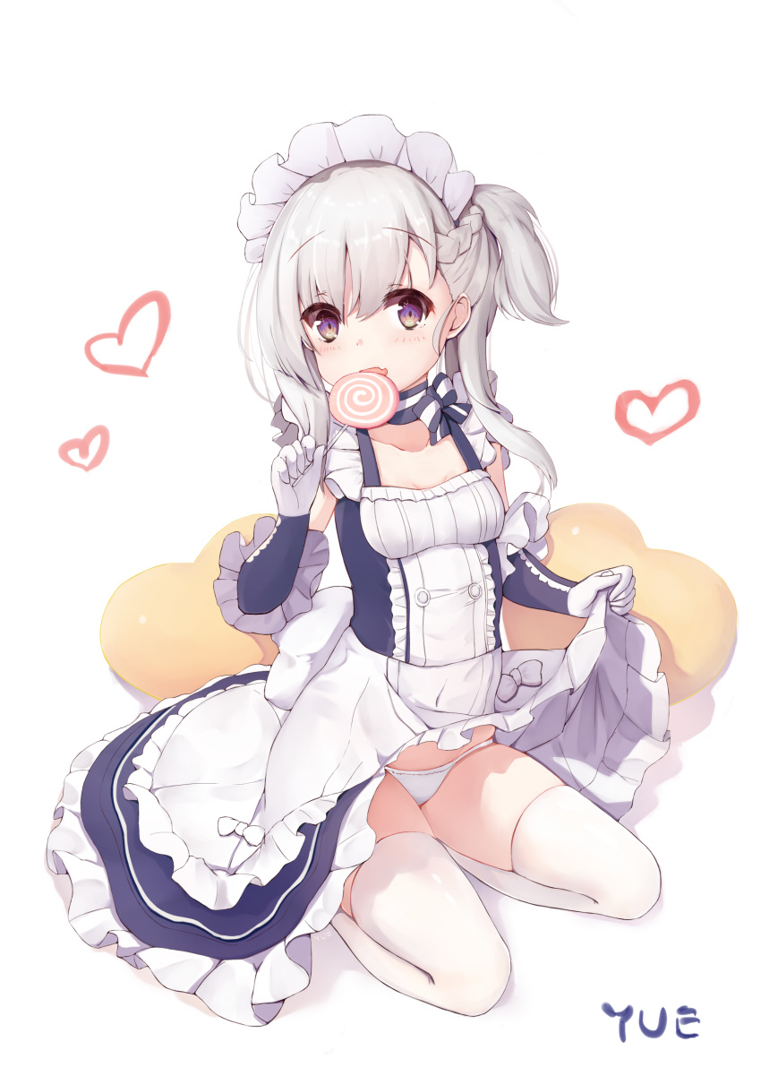 absurdres apron azur_lane belchan_(azur_lane) belfast_(azur_lane) blue_dress braid brown_eyes candy commentary_request dress dress_lift eating elbow_gloves food gloves highres lifted_by_self lollipop long_hair maid_headdress open_mouth panties side_ponytail silver_hair sitting sleeveless sleeveless_dress solo thighhighs underwear waist_apron white_legwear white_panties younger yue_(qtxyjiang)