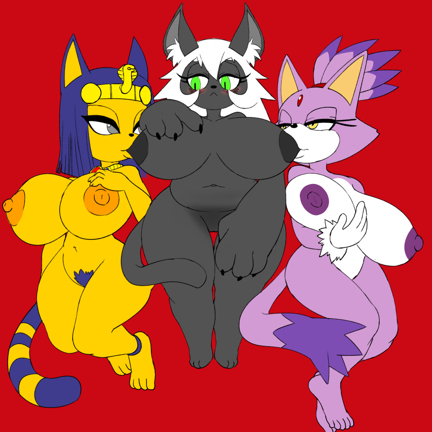 animal_crossing ankha anthro areola big_breasts black_fur blaze_the_cat blue_hair blush breast_suck breasts cat clothing digital_media_(artwork) egyptian feline female fur gloves gold_nipples green_eyes group hair huge_breasts huge_nipples leskaviene mammal nintendo nipples pubes purple_fur pussy rav ravnic short_stack simple_background slightly_chubby sonic_(series) sucking thick_thighs video_games white_hair yellow_eyes yellow_fur