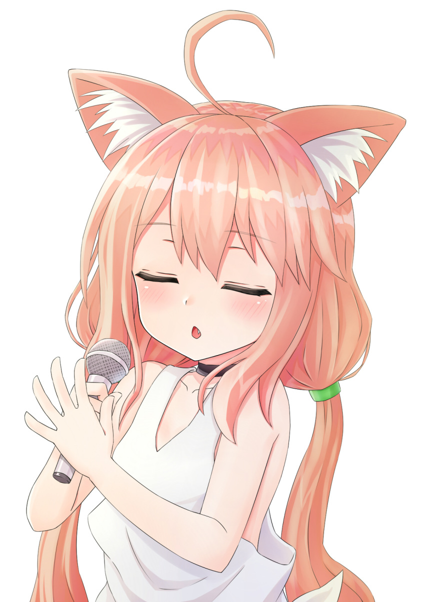ahoge animal_ear_fluff animal_ears bangs bare_arms bare_shoulders black_choker blush cat_ears chestnut_mouth choker closed_eyes collarbone eyebrows_visible_through_hair facing_viewer fang hair_between_eyes highres hinata_channel holding holding_microphone jd_(bibirijd) long_hair low_twintails microphone nekomiya_hinata parted_lips pink_hair simple_background solo tank_top twintails very_long_hair virtual_youtuber white_background white_tank_top