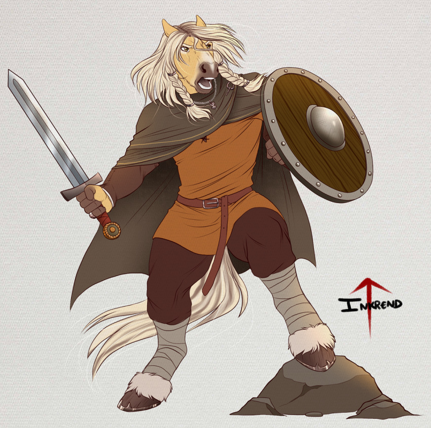 2018 5_fingers ankle_wraps anthro belt braided_hair cloak clothed clothing digital_media_(artwork) equine hair holding_object holding_weapon hooves horse inkrend mammal melee_weapon open_mouth pants rock shield sword teeth tongue tunic weapon