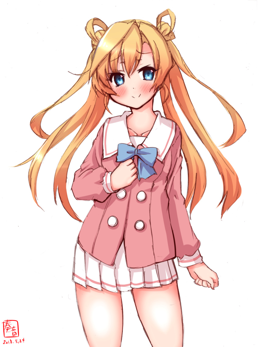 abukuma_(kantai_collection) artist_logo blazer blonde_hair blue_bow blue_eyes bow commentary_request contrapposto cosplay cowboy_shot dated double_bun gruier_serenity gruier_serenity_(cosplay) hair_rings highres jacket kanon_(kurogane_knights) kantai_collection long_hair looking_at_viewer miniskirt_pirates pink_jacket pleated_skirt school_uniform serafuku simple_background skirt smile solo standing trait_connection white_background white_skirt