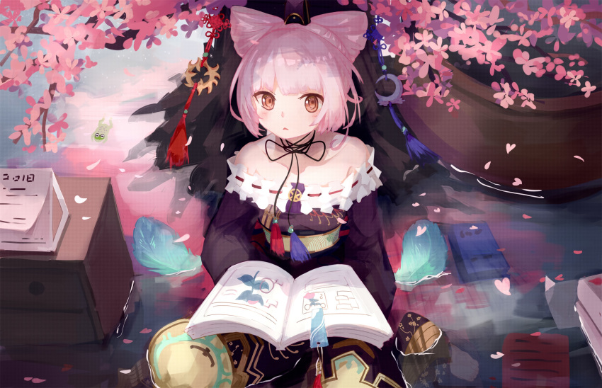 1girl :&lt; animal animal_ears atelier_(series) atelier_sophie bare_shoulders blush book brown_eyes chinese_commentary collarbone commentary_request cornelia_(atelier) crescent dalachi_(headdress) drawer dress flower frog highres long_hair looking_at_viewer off-shoulder_dress off_shoulder open_book parted_lips pink_flower pink_hair purple_dress shallow_water short_hair sitting solo spring_(season) tree triangle_mouth water