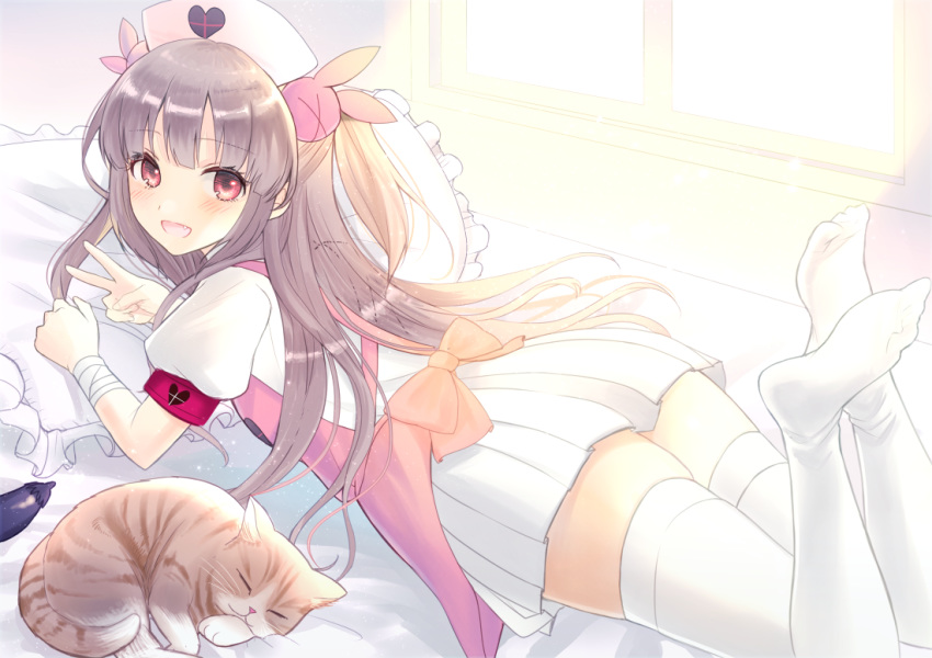 bed bow brown_hair cat eggplant eyebrows_visible_through_hair hat indoors kashiwabara_en long_hair looking_at_viewer looking_back lying md5_mismatch natori_sana nurse_cap on_bed on_stomach pillow pleated_skirt puffy_short_sleeves puffy_sleeves red_eyes sana_channel short_sleeves skirt solo thighhighs thighs two_side_up virtual_youtuber white_legwear white_pillow white_skirt window zettai_ryouiki