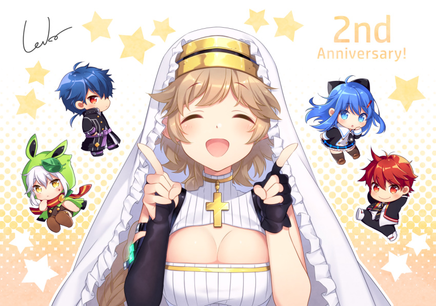 3girls :o anniversary bad_id bad_pixiv_id bangs black_bow black_coat black_gloves black_jacket black_legwear black_neckwear black_pants black_shirt black_skirt blue_eyes blue_hair blush bow braid breasts bridal_gauntlets brown_footwear cleavage cleavage_cutout closed_mouth commentary_request cross dress eyebrows_visible_through_hair facial_mark facing_viewer fingerless_gloves frog_hood gloves hair_between_eyes hair_bow hair_ornament hairclip halftone halftone_background hands_up hood hood_up jacket latin_cross levka light_brown_hair looking_at_viewer medium_breasts multiple_boys multiple_girls necktie pants parted_lips plaid plaid_skirt pleated_skirt profile red_eyes red_hair red_scarf sailor_collar scarf school_uniform serafuku shirt shoe_soles short_necktie signature silver_hair single_bridal_gauntlet single_glove skirt star thighhighs trickster veil white_dress white_sailor_collar white_shirt yellow_eyes