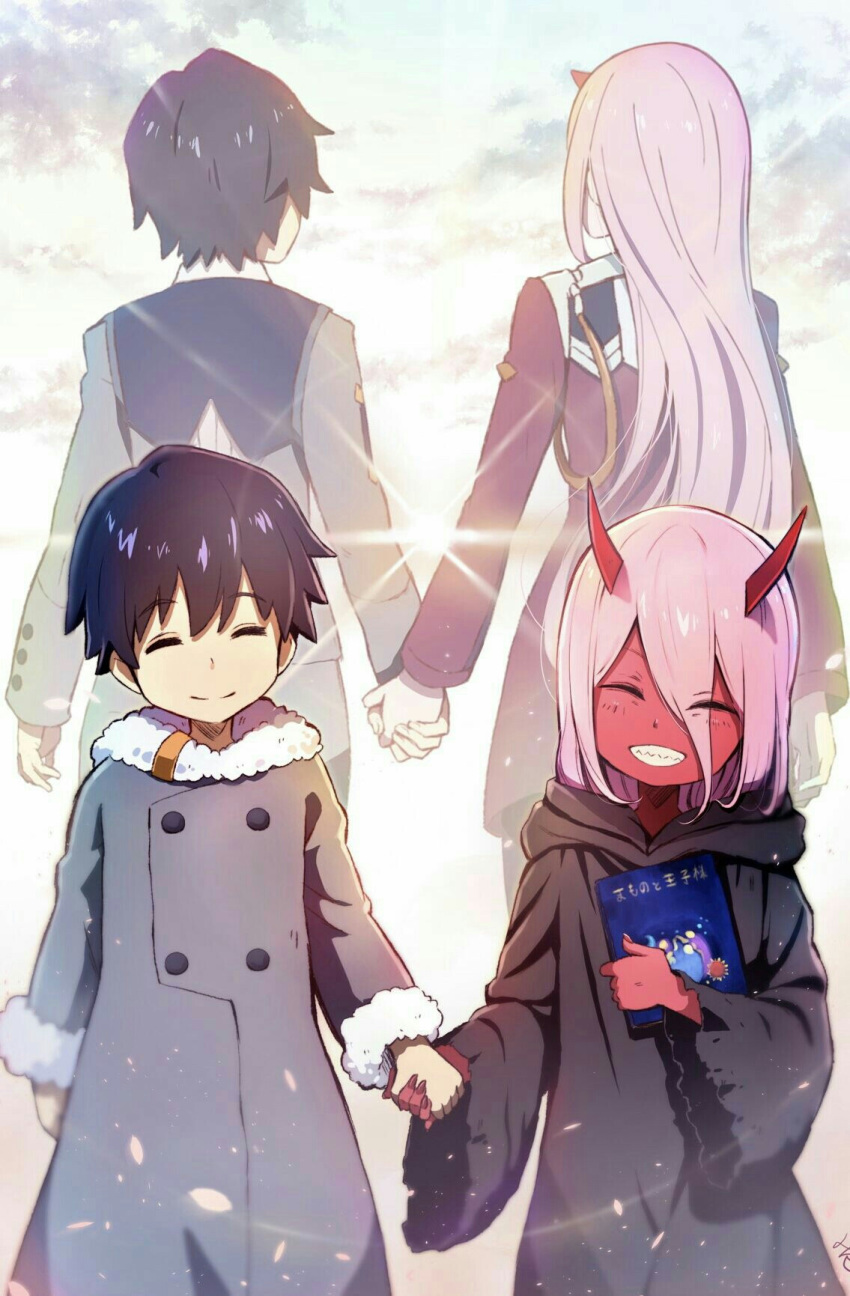 1girl ^_^ bad_id bad_pixiv_id book closed_eyes coat commentary couple darling_in_the_franxx dual_persona eyebrows_visible_through_hair fingernails fur_trim grey_coat grin hair_between_eyes happy highres hiro_(darling_in_the_franxx) holding holding_book holding_hands hoshizaki_reita long_hair long_sleeves oni oni_horns picture_book pink_hair purple_hair red_horns red_skin revision robe sharp_fingernails sharp_teeth signature smile spoilers standing teeth winter_clothes winter_coat younger zero_two_(darling_in_the_franxx)
