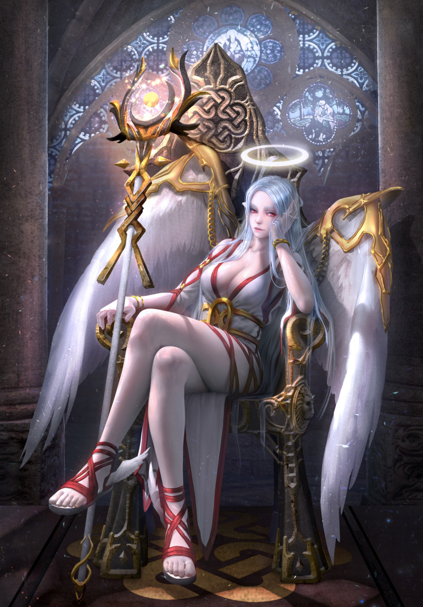 absurdres blue_hair breasts cleavage commentary crossed_legs full_body glowing gold_trim halo heart highres indoors large_breasts long_hair looking_at_viewer multicolored multicolored_clothes original peachpa red_eyes red_footwear sitting solo stained_glass throne wings