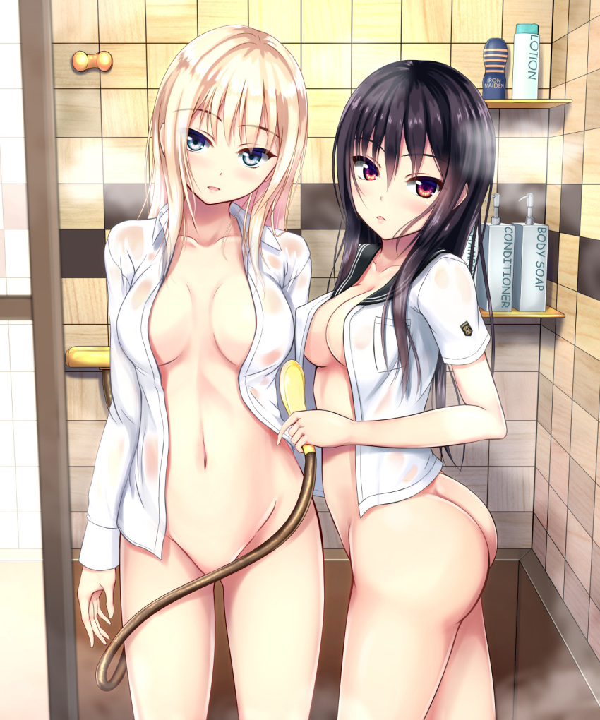 arm_at_side artificial_vagina ass bangs black_hair blonde_hair blue_eyes bottomless breasts breasts_apart cleavage collarbone collared_shirt commentary convenient_censoring covered_nipples dress_shirt eyebrows_visible_through_hair groin hair_between_eyes highres holding_shower_head indoors kurokami_(kurokaminohito) kurono_mika legs_apart long_hair looking_at_viewer lotion_play medium_breasts multiple_girls naked_shirt navel open_clothes open_mouth open_shirt original red_eyes shirt short_sleeves shower shower_head soap standing steam wet wet_clothes wet_shirt white_shirt