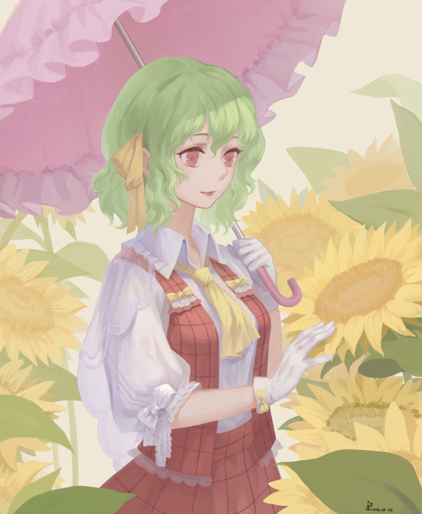 absurdres arm_up breasts cravat dated day eyelashes flower garden_of_the_sun gloves green_hair hair_ribbon highres holding holding_umbrella kazami_yuuka light_smile lips long_sleeves looking_to_the_side medium_breasts no_lineart nya3737 open_clothes open_vest outdoors plaid plaid_skirt plaid_vest puffy_sleeves red_eyes ribbon shirt short_hair signature skirt solo sunflower thick_eyebrows touhou umbrella upper_body vest white_gloves white_shirt yellow_neckwear