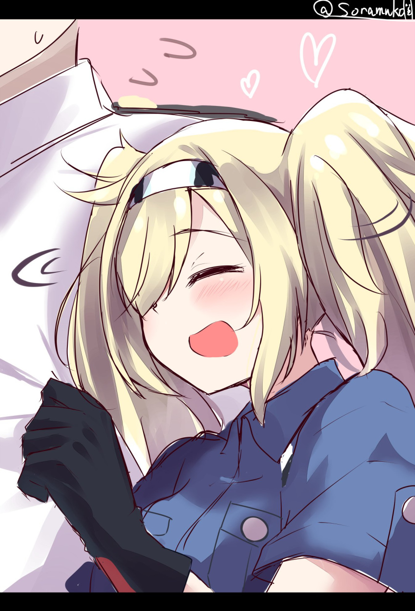 1girl :d admiral_(kantai_collection) blonde_hair blush commentary_request gambier_bay_(kantai_collection) gloves hair_over_one_eye hairband happy heart highres kantai_collection letterboxed long_hair open_mouth out_of_frame pink_background shirt_grab simple_background sketch smile solo_focus soramuko twintails twitter_username upper_body