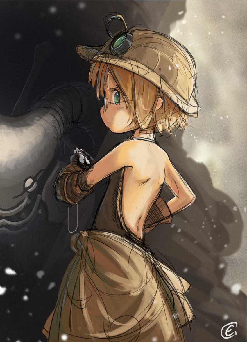 backless_outfit bare_back ccandids determined ears_visible_through_hair glasses gloves green_eyes headlamp helmet highres made_in_abyss riko_(made_in_abyss) short_hair shoulder_blades sketch_lines
