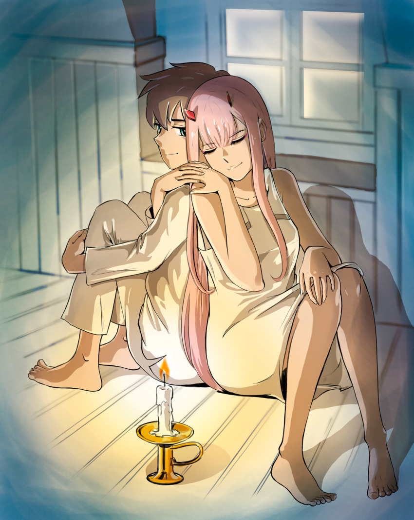 1boy 1girl albyeee back-to-back bangs barefoot black_hair blue_eyes candle candlestand collarbone commentary couple darling_in_the_franxx eyes_closed fingernails fringe hand_holding hand_on_own_knee hetero highres hiro_(darling_in_the_franxx) horns leg_hug long_hair looking_back nightgown oni_horns pajamas pink_hair red_horns short_hair sitting sleeveless white_pajamas zero_two_(darling_in_the_franxx)