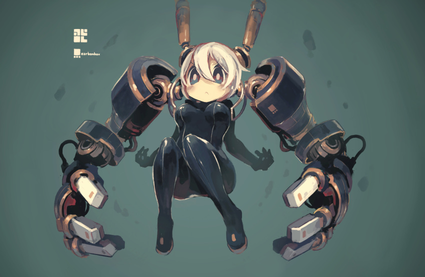 :&lt; absurdres black_bodysuit black_eyes bodysuit breasts cable commentary_request exoskeleton eyebrows_visible_through_hair full_body hair_between_eyes headgear highres mecha_musume mechanical_arms medium_breasts original sakamoto_ahiru shiny shiny_clothes short_hair skin_tight solo v-shaped_eyebrows white_hair white_pupils