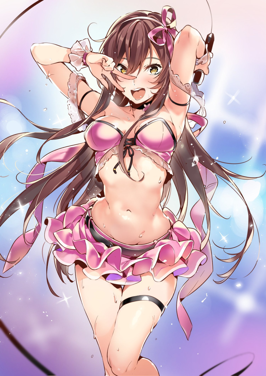 armband armpits arms_up bandeau bangs bare_shoulders blush bow breasts brown_hair cable choker commentary eyebrows_visible_through_hair flying_sweatdrops groin hair_between_eyes hairband hand_gesture highres hips holding holding_microphone idolmaster idolmaster_shiny_colors long_hair looking_at_viewer medium_breasts microphone midriff navel oosaki_amana open_mouth pink_bow pink_skirt skirt smile solo sparkle sweat sweatdrop thigh_gap thigh_strap thighs w yellow_eyes yuran