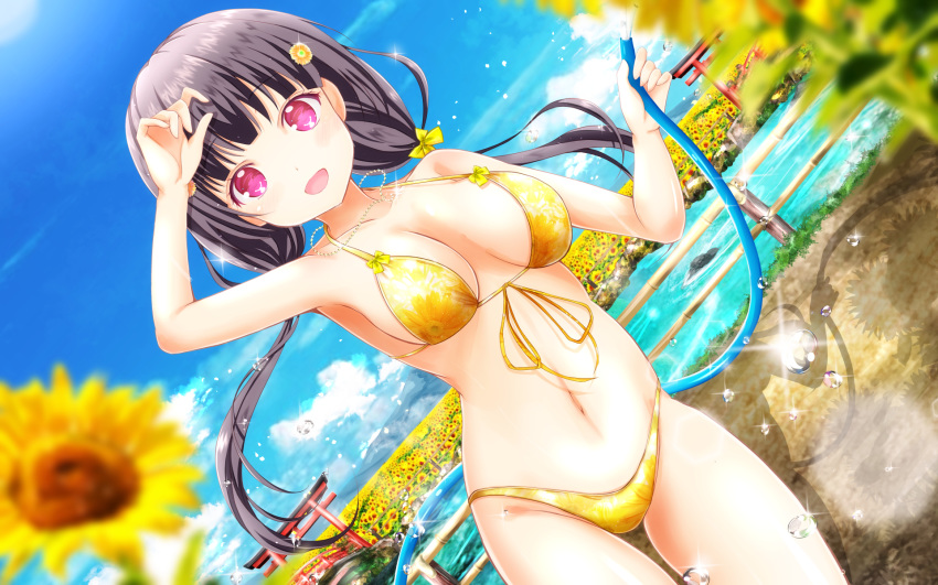 bikini clouds flowers long_hair masa_(mirage77) navel pink_eyes purple_hair ribbons sky sunflower swimsuit tagme_(character) torii twintails water