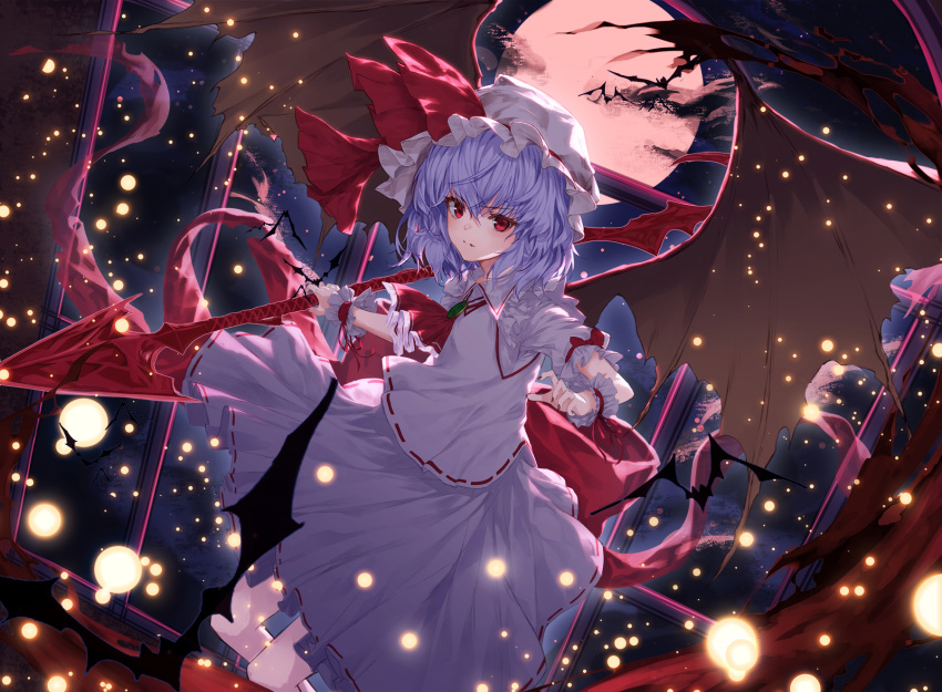 ascot bat_wings blue_hair bow brooch commentary dress eyebrows_visible_through_hair hair_between_eyes hat hat_ribbon highres holding holding_weapon jewelry light_particles lo-ta looking_at_viewer mob_cap moon nail_polish night night_sky polearm puffy_short_sleeves puffy_sleeves red_bow red_eyes red_moon red_nails red_neckwear red_ribbon remilia_scarlet ribbon short_hair short_sleeves sky solo spear spear_the_gungnir touhou v-shaped_eyebrows weapon white_dress white_hat wings wrist_cuffs