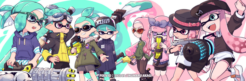 4boys 4girls :| arms_up artist_name bangs baseball_cap black_coat black_footwear black_hat black_neckwear black_pants black_sweater blue_ribbon blue_shirt blunt_bangs bracelet brown_pants clenched_hand closed_mouth clothes_writing commentary_request domino_mask dress_shirt dynamo_roller_(splatoon) e-liter_4k_(splatoon) eyebrows_visible_through_hair glasses goggles goggles_on_head green-framed_eyewear green_coat green_eyes green_hair grey_shorts grin hair_ribbon hair_slicked_back hand_in_pocket hand_on_hip hat hat_ribbon heavy_splatling_(splatoon) hero_brella_(splatoon) hero_shot_(splatoon_2) holding holding_weapon hood hoodie inkling inkling_(language) inumaru_akagi jacket jewelry leg_up long_sleeves looking_at_another mask multiple_boys multiple_girls n-zap_(splatoon) necktie octobrush_(splatoon) one_eye_closed open_mouth over-rim_eyewear over_shoulder paint_splatter pants pink_eyes pink_hair pixiv_id pointy_ears purple_eyes ribbon scrunchie semi-rimless_eyewear shirt shoes short_ponytail shorts single_vertical_stripe smile sparkle splatoon_(series) splatoon_2 standing standing_on_one_leg sweater tan tentacles topknot weapon weapon_over_shoulder white_footwear white_pupils white_shirt yellow-framed_eyewear yellow_jacket