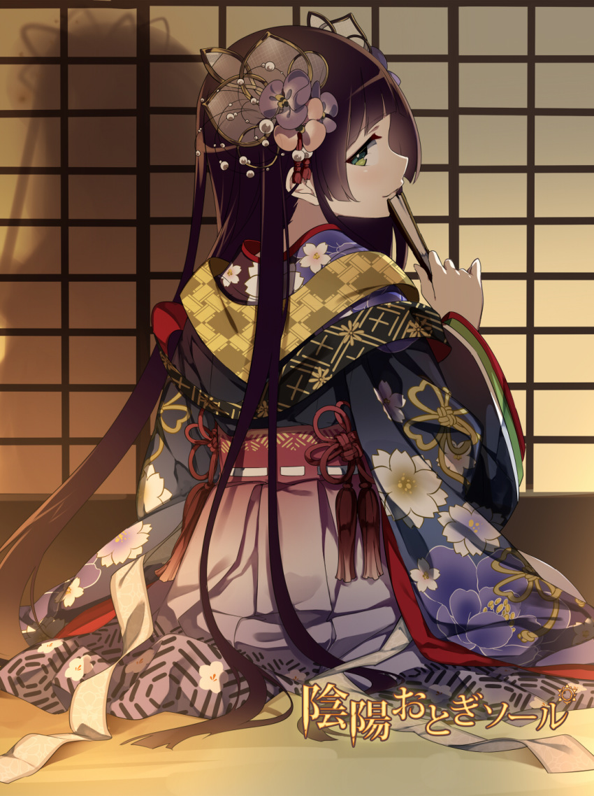 brown_hair copyright_request fan floral_print flower folding_fan green_eyes hair_flower hair_ornament highres hime_cut indoors japanese_clothes kimono long_hair looking_back official_art paper_fan sama seiza shadow sitting solo very_long_hair wide_sleeves