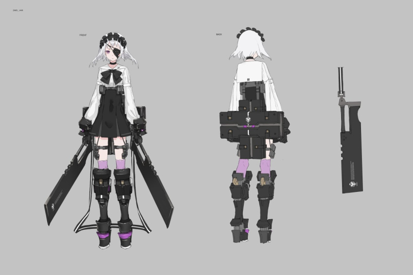 arm_belt bow bowtie choker cleaver covered_navel dual_wielding eyepatch from_behind full_body grey_background holding looking_at_viewer maid_headdress multiple_views neco original purple_eyes sheath short_hair standing thigh_strap thighhighs weapon white_hair