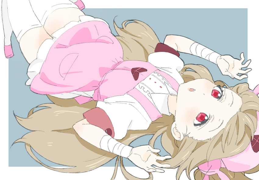 absurdres apron armband bandages blush bunny_hair_ornament collared_shirt commentary donguri_suzume hair_ornament hat heart highres legs_up light_brown_hair long_hair lying natori_sana nurse_cap on_back on_floor open_mouth pink_apron pink_footwear pink_hat puffy_short_sleeves puffy_sleeves red_eyes sana_channel shirt short_sleeves solo thighhighs two_side_up virtual_youtuber white_legwear zettai_ryouiki