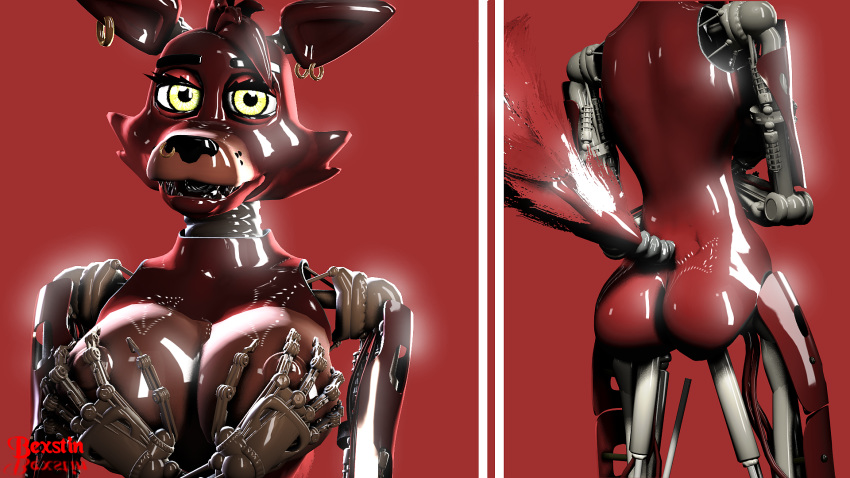 3d_(artwork) animatronic anthro bexstinsfm big_breasts big_butt breasts butt canine crossgender cybernetics digital_media_(artwork) female five_nights_at_freddy's fox foxy_(fnaf) hair looking_at_viewer machine mammal nipples nude pose robot simple_background solo source_filmmaker standing video_games