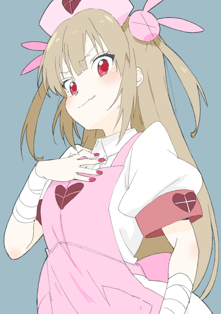 absurdres apron armband bandages bangs blush bunny_hair_ornament closed_mouth collared_shirt donguri_suzume from_below hair_ornament hand_on_own_chest hat heart highres light_brown_hair long_hair looking_at_viewer nail_polish natori_sana nurse_cap pink_apron pink_hat puffy_short_sleeves puffy_sleeves red_eyes red_nails sana_channel shirt short_sleeves solo two_side_up virtual_youtuber