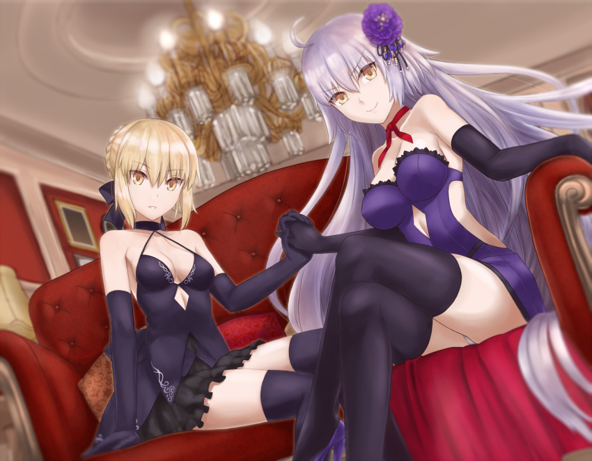 ahoge argyle_cutout artoria_pendragon_(all) backless_dress backless_outfit bangs bare_back black_gloves black_legwear black_ribbon black_skirt blonde_hair blunt_bangs breasts cleavage couch crossed_legs dress elbow_gloves eyebrows_visible_through_hair fate_(series) floating_hair flower frilled_skirt frills gloves hair_between_eyes hair_flower hair_ornament hair_ribbon high_heels highres holding_hands indoors interlocked_fingers jeanne_d'arc_(alter)_(fate) jeanne_d'arc_(fate)_(all) long_hair looking_at_viewer medium_breasts miniskirt multiple_girls neck_ribbon panties pantyshot pantyshot_(sitting) parted_lips pixiv_fate/grand_order_contest_2 pumps purple_dress purple_flower purple_footwear red_ribbon ribbon saber_alter short_dress short_hair silver_hair sitting skirt sleeveless sleeveless_dress smile strapless strapless_dress thighhighs underwear very_long_hair white_panties yellow_eyes zilaishui