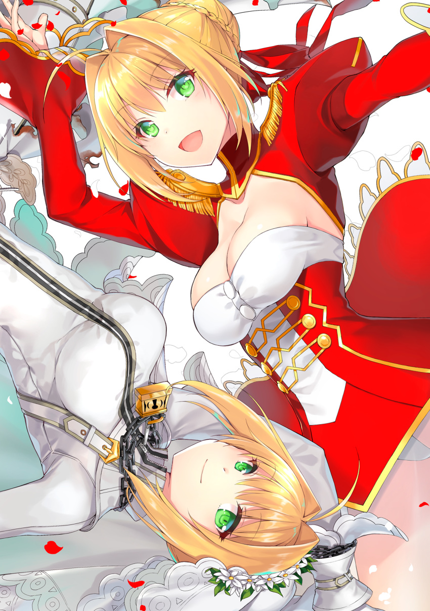 :d absurdres blonde_hair breasts bridal_veil cleavage commentary_request dual_persona fate/extra fate_(series) green_eyes hair_bun highres kagachi_saku lock multiple_girls nero_claudius_(bride)_(fate) nero_claudius_(fate) nero_claudius_(fate)_(all) open_mouth petals rose_petals smile veil