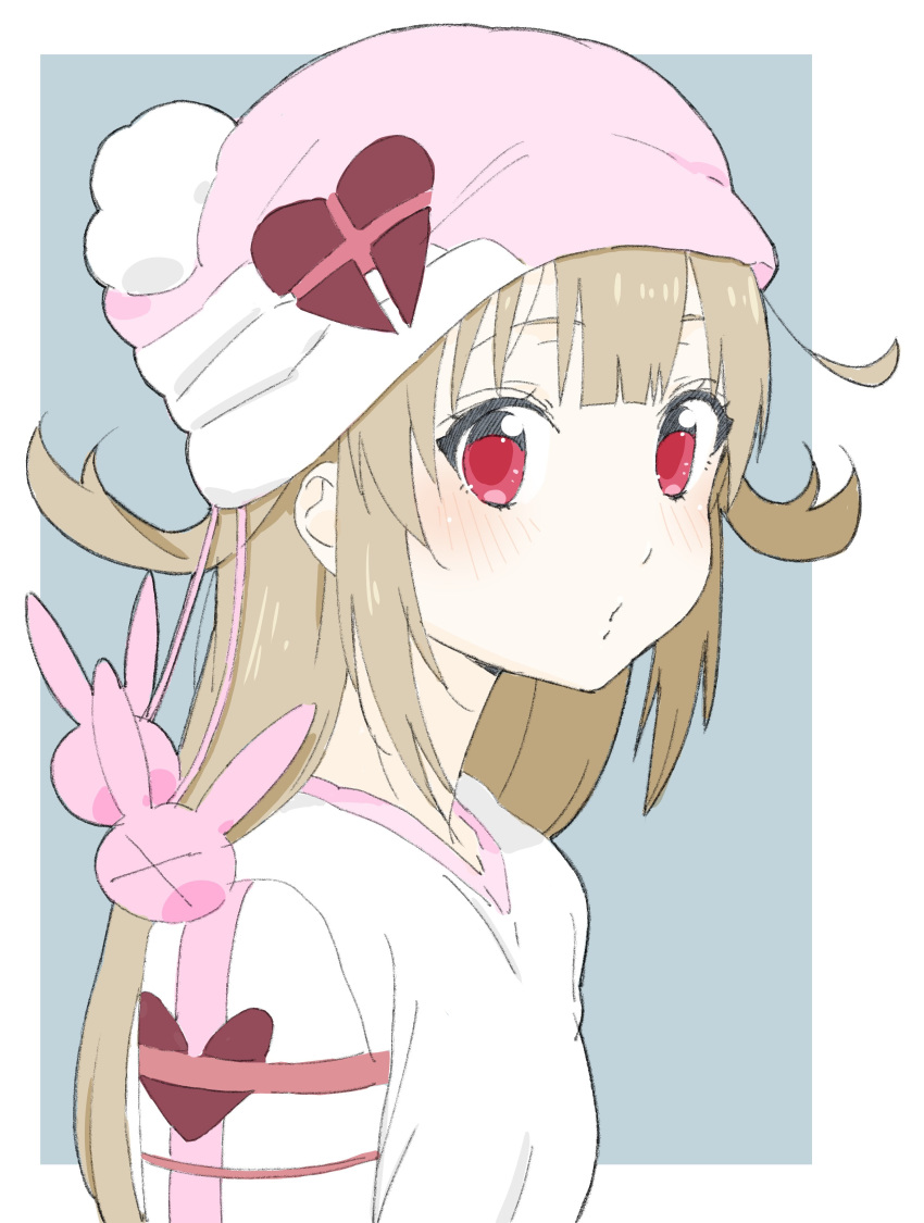 absurdres alternate_costume beanie blouse blush breasts bunny_hair_ornament donguri_suzume from_side hair_ornament hat heart highres light_brown_hair long_hair looking_at_viewer nail_polish natori_sana parted_lips red_nails sana_channel small_breasts solo two_side_up virtual_youtuber