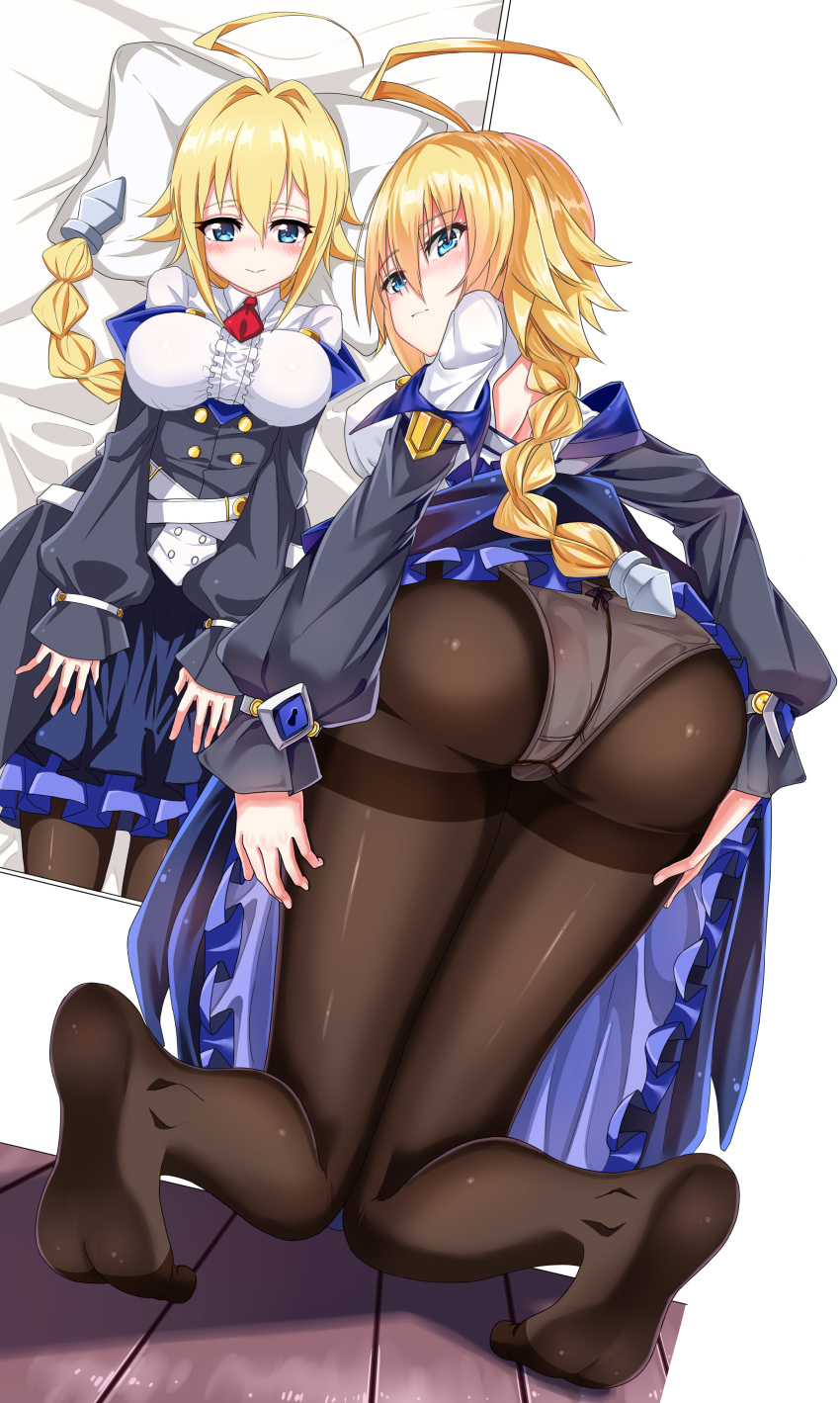 1girl ahoge arc_system_works ass blazblue blazblue:_central_fiction blonde_hair blue_eyes blush braid breasts dress es_(xblaze) from_behind gatari kneeling large_breasts long_hair long_sleeves looking_at_viewer looking_back panties panties_under_pantyhose pantyhose shiny shiny_clothes shiny_hair sideboob single_braid sleeves smile solo xblaze