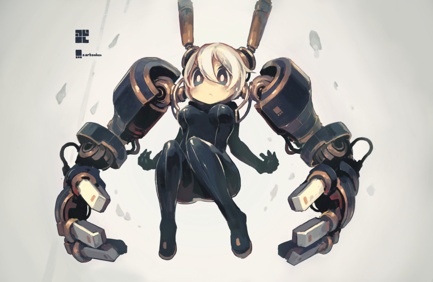 :&lt; absurdres black_bodysuit black_eyes bodysuit breasts cable commentary_request exoskeleton eyebrows_visible_through_hair full_body hair_between_eyes headgear highres mecha_musume mechanical_arms medium_breasts original sakamoto_ahiru shiny shiny_clothes short_hair skin_tight solo v-shaped_eyebrows white_hair white_pupils